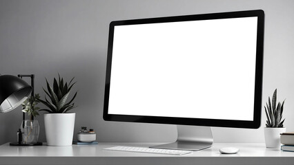 Fototapeta premium Modern Minimalist Workspace with Blank Computer Screen, Keyboard, Mouse, Desk Lamp and Potted Plants