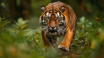 Fototapeta premium Majestic Tiger Pouncing Through Jungle Underbrush
