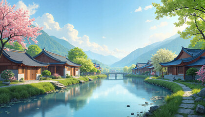 Obraz premium Vernal Equinox Day. Peaceful canal scene in traditional village surrounded by spring flora, tranquility