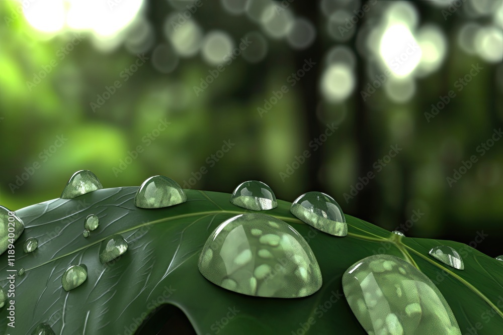 Aufkleber close-up 3d image of raindrops on green leaf with blurred forest elements in background