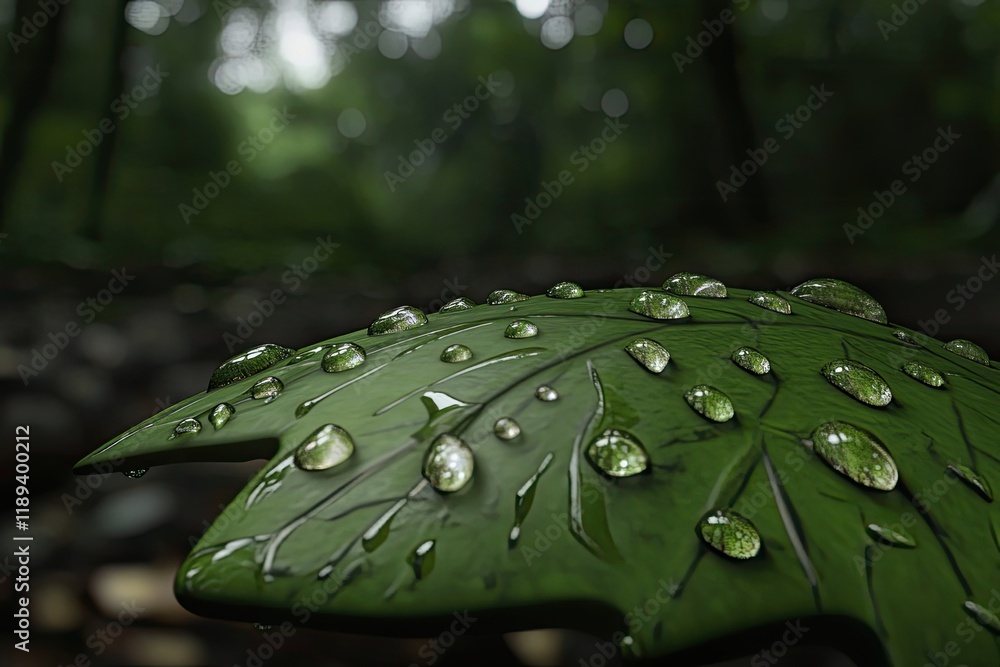 Aufkleber close-up 3d image of raindrops on green leaf with blurred forest elements in background