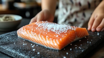 Close-up of hands preparing salmon fillet seasoned with salt on a dark stone slab.