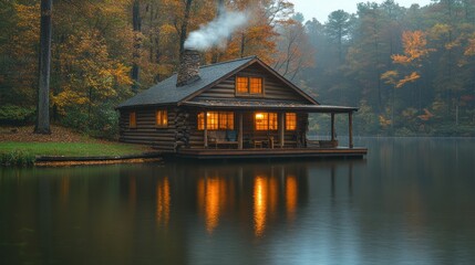 Cozy log cabin on a lake at autumn, illuminated windows reflecting in calm water.