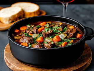 A pot of stew with a glass of wine and bread on a wooden board