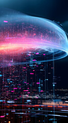 Obraz premium Futuristic city data sphere, digital rain, glowing metropolis, night, tech concept, website banner