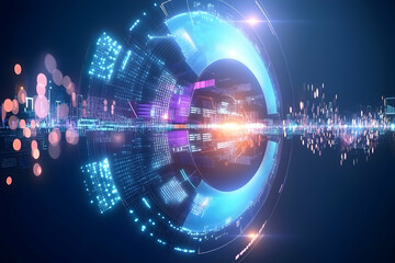 Futuristic city data visualization, digital technology, glowing network, abstract background, perfect for tech presentations