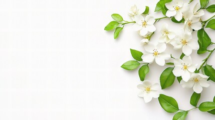 Spring Blossoms: Delicate white flowers and vibrant green leaves arranged artfully on a surface, creating a fresh and elegant springtime scene.