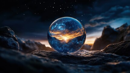 A small glass orb reflecting an entire night sky surrounded by void