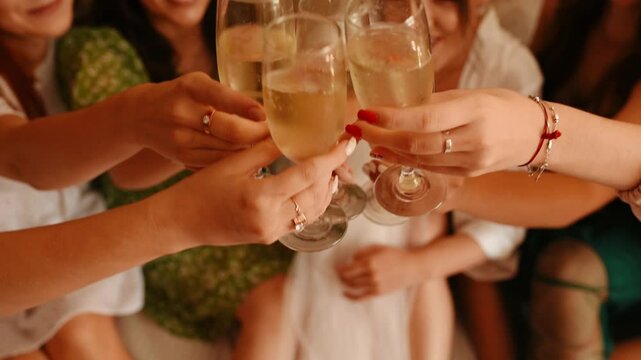 Wedding morning bride. Bridesmaids clink with champagne. toasting glasses champagne wine celebrating bridal shower hen bachelorette birthday spa party together hotel. Close up clinking glasses cheers