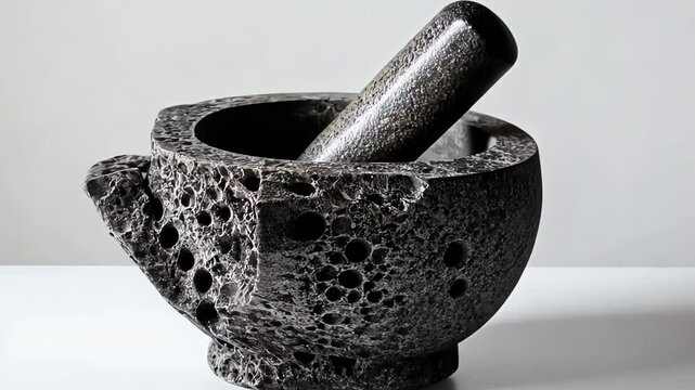 A textured molcajete and pestle, used for grinding and mixing ingredients.