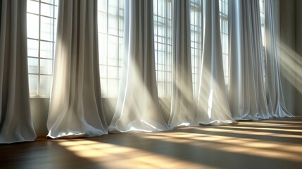A soft blur of sunlight filtering through tall white curtains