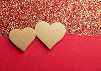 Fototapeta premium Golden hearts on red background with radiant gold glitter texture