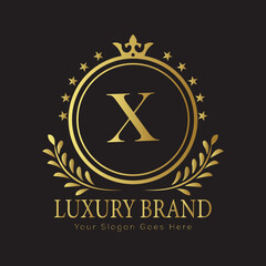 Letter Luxury brand logo design with a royal gold crown emblem and elegant typography
