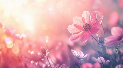 Fototapeta premium Pink Cosmos in Golden Light: A field of delicate pink cosmos blossoms bathed in the warm, golden glow of the setting sun. The image evokes a sense of tranquility and beauty.