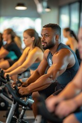 people doing cycling training in class in gym.