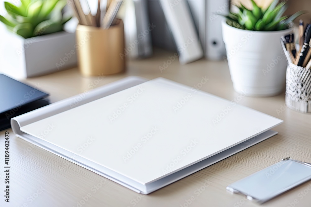 Poster close-up of blank file folder mockup with simple and sleek design resting on minimalist desk setup