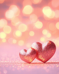 Obraz premium Glittery pink hearts with glowing bokeh background, creating romantic atmosphere