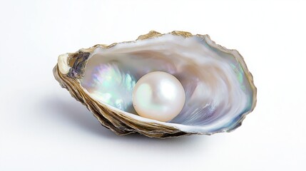 Luminous pearl sits inside open oyster shell against white backdrop. Natural beauty of mother-of-pearl shell. Pearl iridescent colours. Luxury, elegance. High-quality gem. Precious natural treasure.
