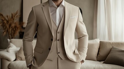 Beige Three-Piece Suit: Sophisticated Minimalist Style
