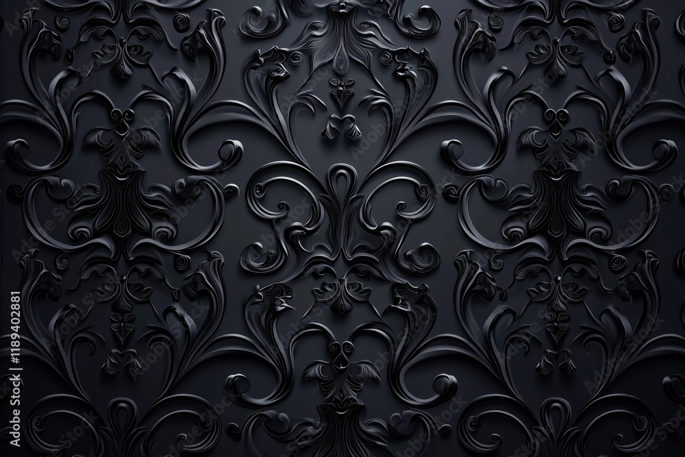 Poster a close-up view of an intricate black floral pattern with ornate designs, showcasing a textured surf