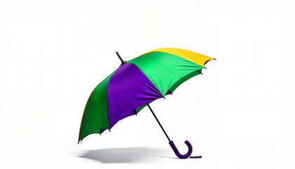 Mardi Gras umbrella with green and purple colors leaning on white background