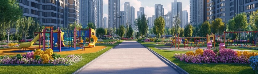 Obraz premium City park playground, children's play area, modern buildings backdrop, urban landscape, real estate