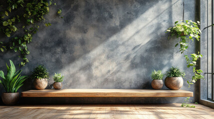 A serene interior space featuring a smooth wooden bench against a textured gray wall, adorned with lush green plants in rustic pots, illuminated by soft natural light streaming through a nearby window