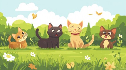 Adorable Cat and Dog Mascots Playing in Park - Wide Angle View