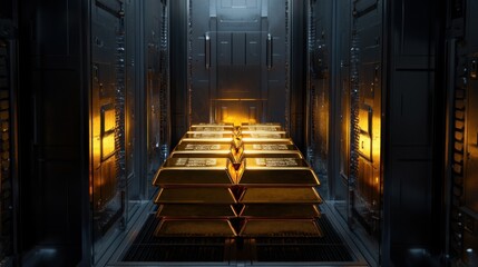 Fototapeta premium A stack of glowing gold bars in a secure vault