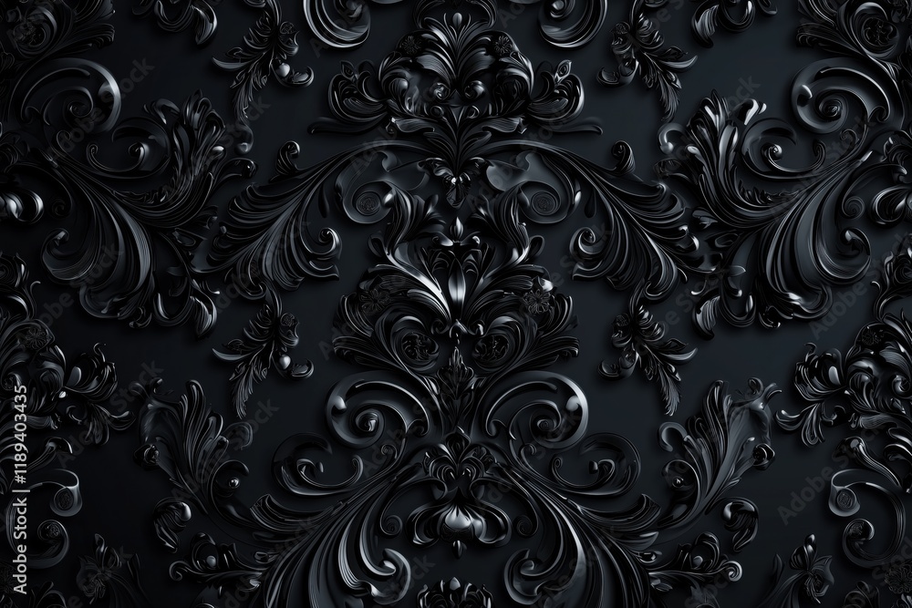 Poster a detailed black floral pattern with intricate swirls and curves, creating a luxurious and elegant t