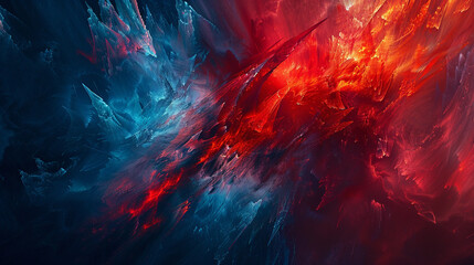 A fire-and-ice-inspired abstract, with sharp angular shapes in vibrant reds and cool blues, clashing dramatically across the canvas