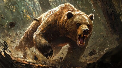 Fierce Grizzly Bear Charging Through Forest