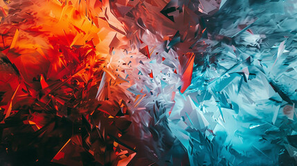 A fire-and-ice-inspired abstract, with sharp angular shapes in vibrant reds and cool blues, clashing dramatically across the canvas