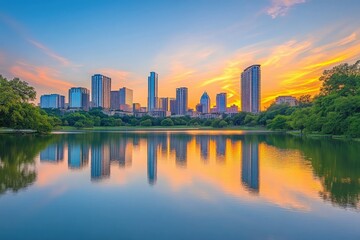 Naklejka premium city skyline reflected in still water at sunset