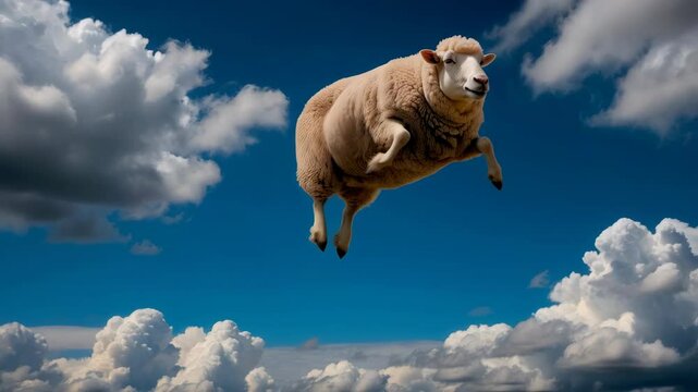 A sheep is flying through the sky. The sheep is white and fluffy. The sky is blue with some clouds