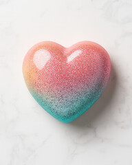 Fototapeta premium Glittery heart with radiant pink to teal gradient on marble background