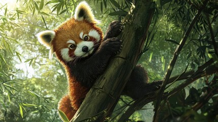 Playful Red Panda Climbing Bamboo Tree