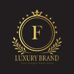 Letter Luxury brand logo design with a royal gold crown emblem and elegant typography
