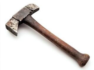 an old, weathered axe with a wooden handle lies on a white background
