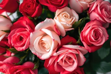 Obraz premium A beautiful bouquet of red and white roses showcases their elegant colors, making it perfect for Valentine's Day, birthdays, or romantic dates