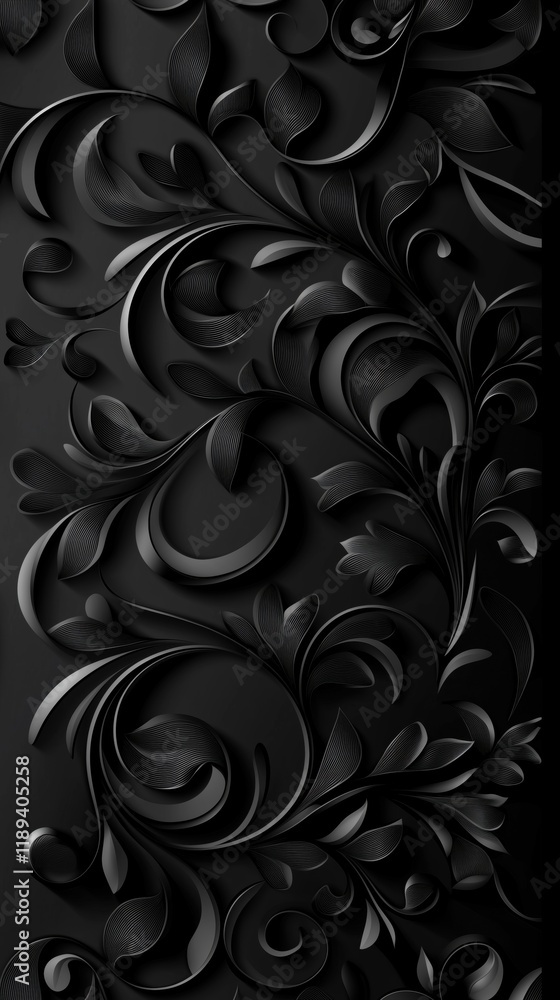 Poster an intricate black floral design with swirling leaves and vines, creating a textured and elegant app