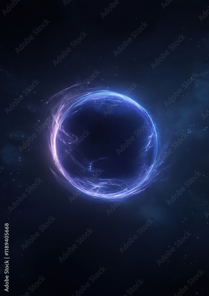 Poster digital illustration of a blue sphere in the center of a dark blue background. the sphere appears to