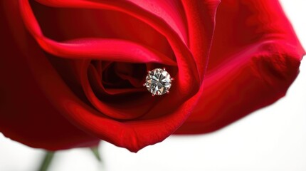 A breathtaking red rose features a sparkling diamond nestled within its petals, symbolizing love and elegance, ideal for romantic occasions or special celebrations