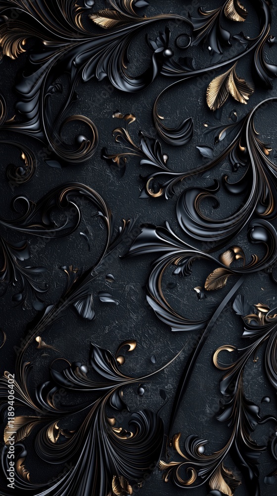 Poster an intricate design featuring swirling black and gold floral patterns on a dark textured background.
