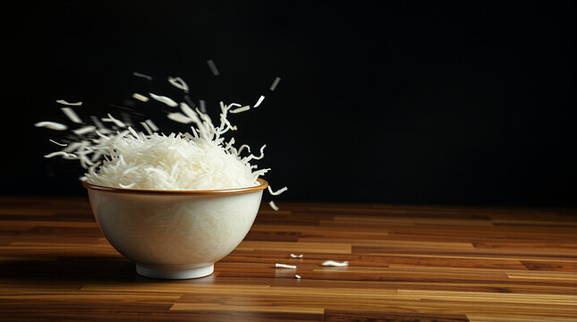 Rice grains falling into a bowl, captured mid-air.  A dynamic culinary image with a dark background highlighting the white rice.