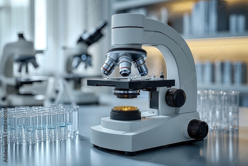 Aufkleber laboratory microscope on a table with glassware in a scientific setting.