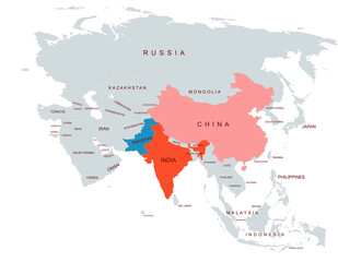 Map Highlighting india and pakistan and china  Among Asian Countries