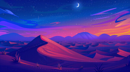 Obraz premium A tranquil desert scene with rolling sand dunes under a starry night sky, softly illuminated by moonlight, creating a peaceful and expansive vibe