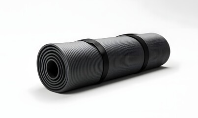 Rolled-up gray exercise mat with straps.