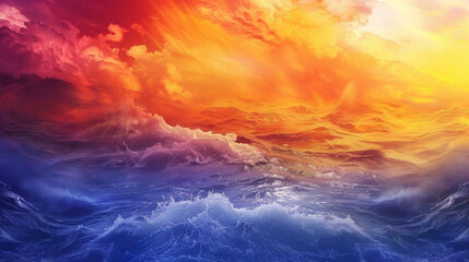 Obraz premium A vibrant abstract design featuring a gradient of vibrant sunset hues, with swirling waves and soft lighting effects, evoking a dynamic and warm atmosphere